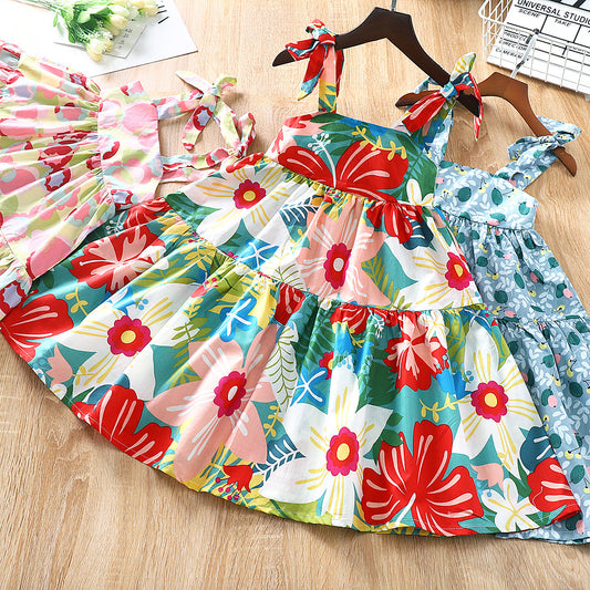 Girls' Sleeveless Sling Summer Floral Dress